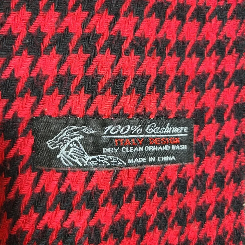 100% Cashmere Red Black Houndstooth Scarf Italian Design Classic Luxury Menswear